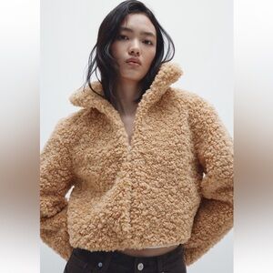 H&M Cropped Tan Teddy fleece Jacket, NWT, sz small